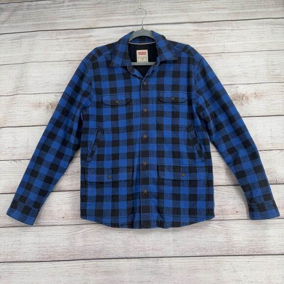 Levi's Lined Flannel Snap Down Shacket Jacket Men's Size Medium Blue/Black - Picture 1 of 15